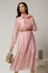 Rochie midi roz din tencel cu buline si funda la decolteu