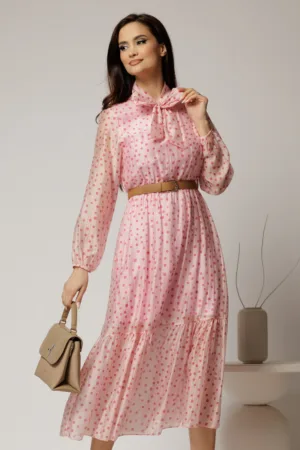 Rochie midi roz din tencel cu buline si funda la decolteu