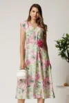 Rochie midi roz din viscoza cu imprimeuri verzi in clos cu floare in talie