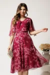 Rochie midi roz din voal cu imprimeu magenta si maneci vaporoase- Viada