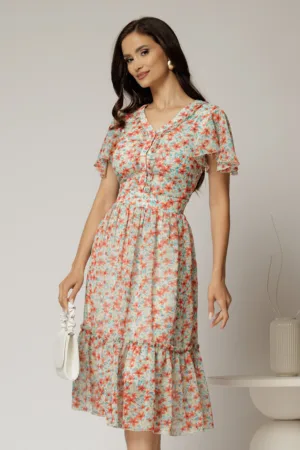 Rochie midi roz din voal cu imprimeuri florale oranj in clos cu volanase