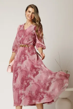 Rochie midi roz din voal cu imprimeuri si curea in talie