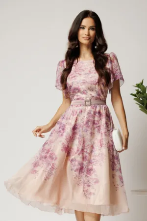 Rochie midi roz din voal in clos cu imprimeu floral si cordon in talie- Viada