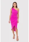 Rochie midi roz drapata pe un umar DA1770 HOT PINK