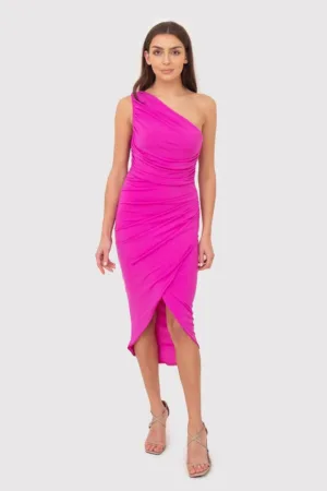 Rochie midi roz drapata pe un umar DA1770 HOT PINK