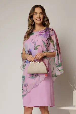 Rochie midi roz eleganta cu capa din voal cu imprimeu floral