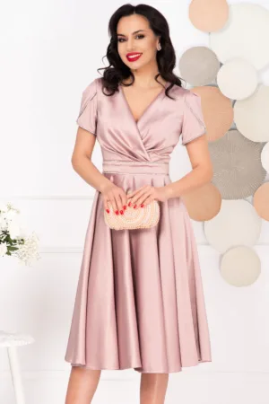 Rochie midi roz in clos Filipina cu maneci scurte tip lalea