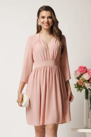 Rochie midi roz in clos din voal cu pliuri la bust- LaDonna