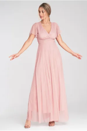 Rochie midi roz - plasa - maneci scurte - decolteu plic - pentru femei -