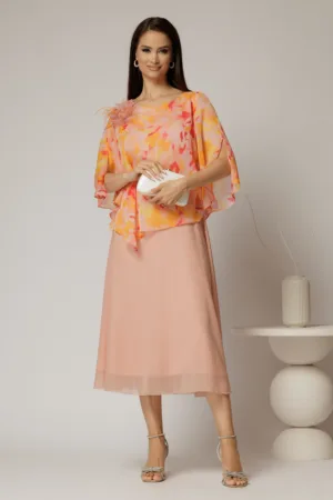 Rochie midi roz somon cu voal cu imprimeuri oranj