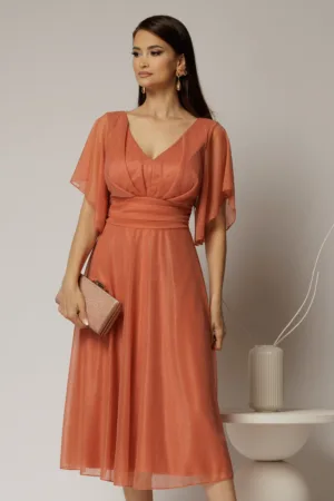 Rochie midi roz somon din voal cu sclipici si decolteu in V