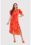 Rochie midi roz/portocaliu cu maneci bufante si imprimeu floral DA1718