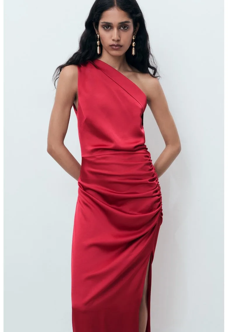 Rochie midi satinata cu decolteu pe un umar si detaliu drapat