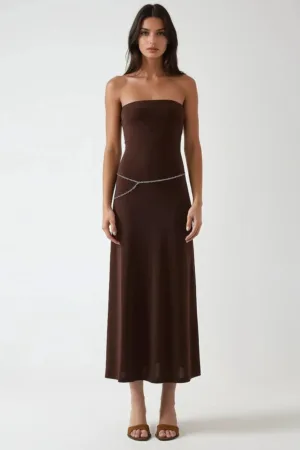 Rochie midi -  simpla fara bretele - culoare maro - elastan/ poliester