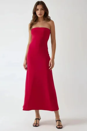 Rochie midi -  simpla fara bretele - rosie - elastan/ poliester