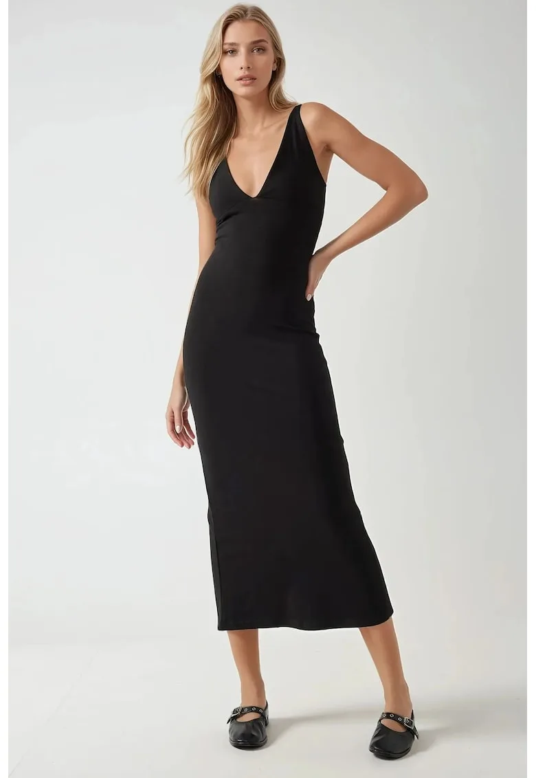 Rochie midi - slim fit - decolteu in V - negru - viscoza-poliamida-elastan