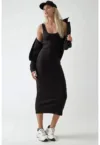 Rochie midi -  slim fit - guler in U - negru - modal - bumbac - elastan