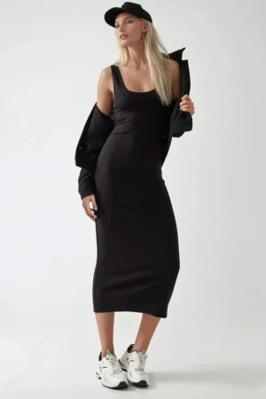 Rochie midi -  slim fit - guler in U - negru - modal - bumbac - elastan