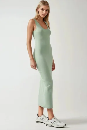 Rochie midi  slim fit - guler in U - verde menta - modal - bumbac - elastan