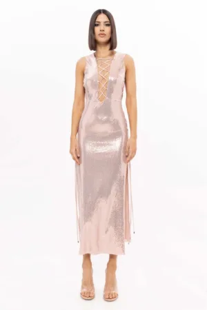 Rochie midi stralucitoare cu slituri laterale