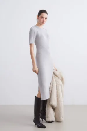 Rochie midi striata cu maneci scurte si slituri laterale