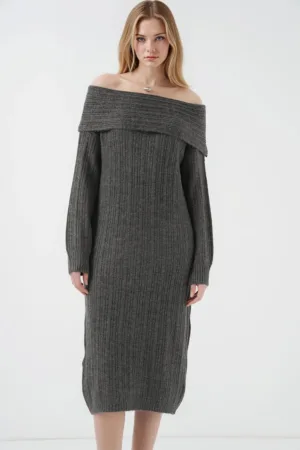 Rochie midi  supradimensionata din tricot - gri carbune -