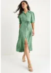 Rochie midi  textil - inchidere cu nasturi guler camasa - verde