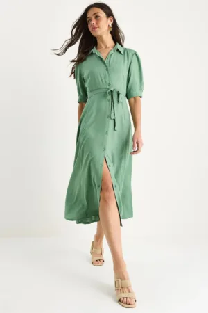 Rochie midi  textil - inchidere cu nasturi guler camasa - verde
