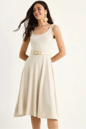 Rochie midi -  texturata cu curea - bej - poliester