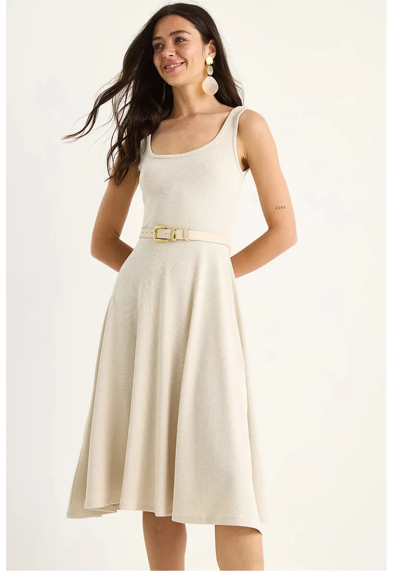 Rochie midi - texturata cu curea - bej - poliester