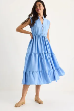 Rochie midi -  texturata cu dungi - decolteu in V - detalii cu volane - albastru - modal-viscoza