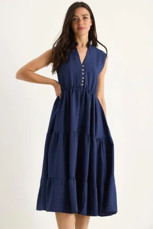 Rochie midi -  texturata cu dungi - decolteu in V - detalii cu volane - bleumarin - viscoza -