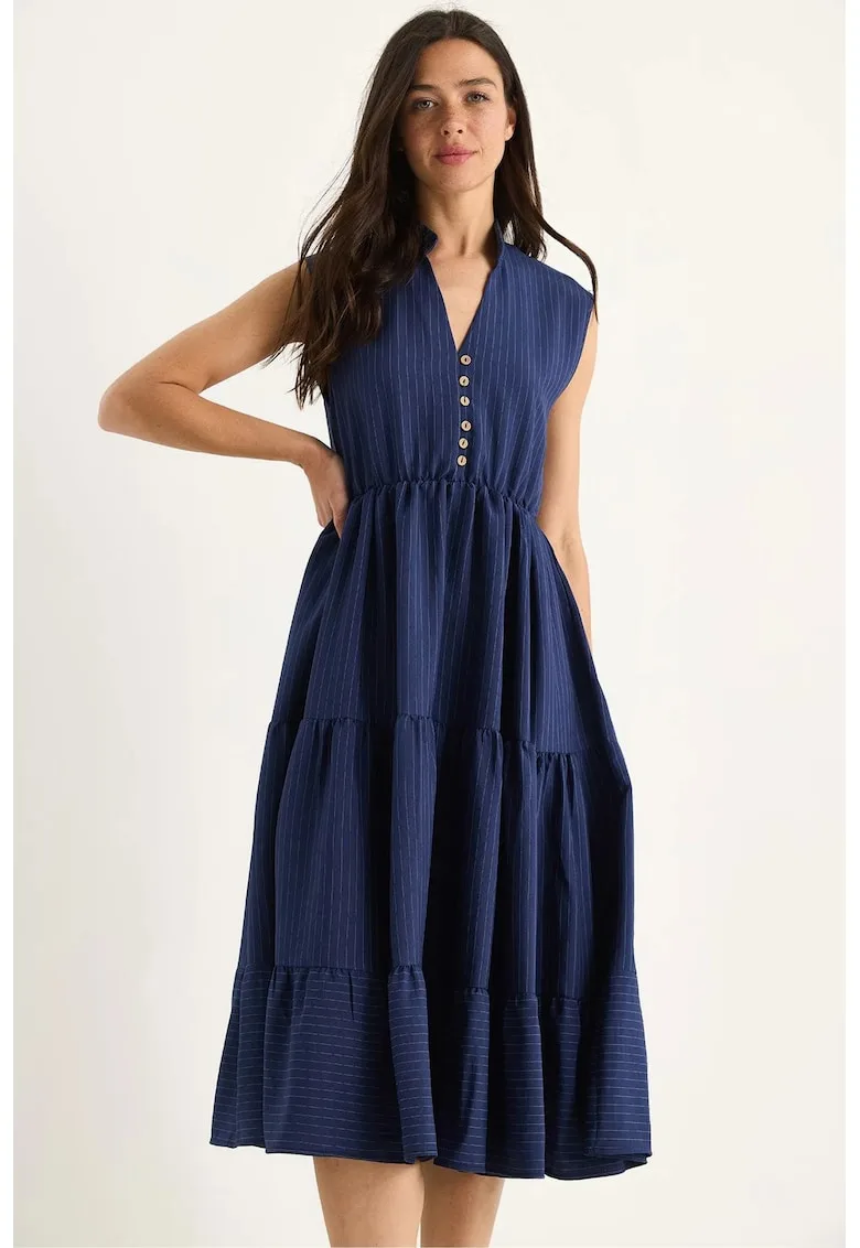 Rochie midi - texturata cu dungi - decolteu in V - detalii cu volane - bleumarin - viscoza -