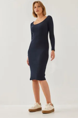 Rochie midi -  texturata cu nervuri - guler patrat - bleumarin - jerseu