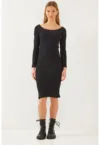 Rochie midi -  texturata cu nervuri - guler patrat - neagra - jerseu -