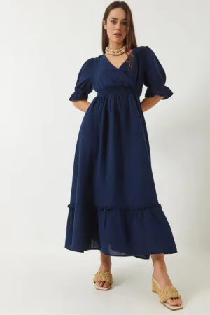 Rochie midi -  texturata - decolteu in V - bleumarin - textil