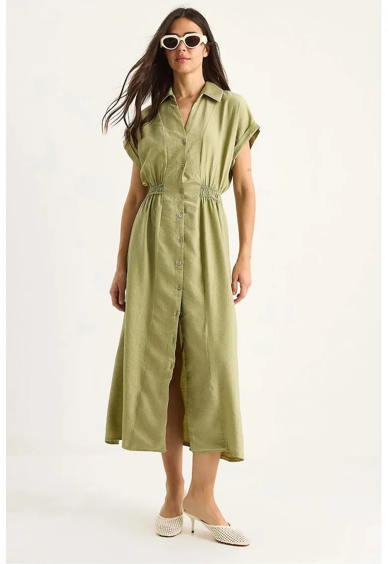 Rochie midi texturata - decolteu in V - inchidere cu nasturi - verde - textil