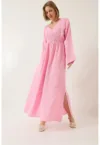 Rochie midi -  texturata - decolteu in V - talie smockata - roz - bumbac