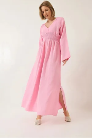 Rochie midi -  texturata - decolteu in V - talie smockata - roz - bumbac