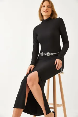 Rochie midi -  texturata - guler inalt - negru - jerseu