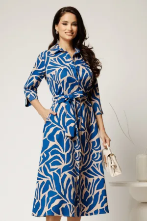 Rochie midi tip camasa bej cu imprimeuri albastre si curea in talie