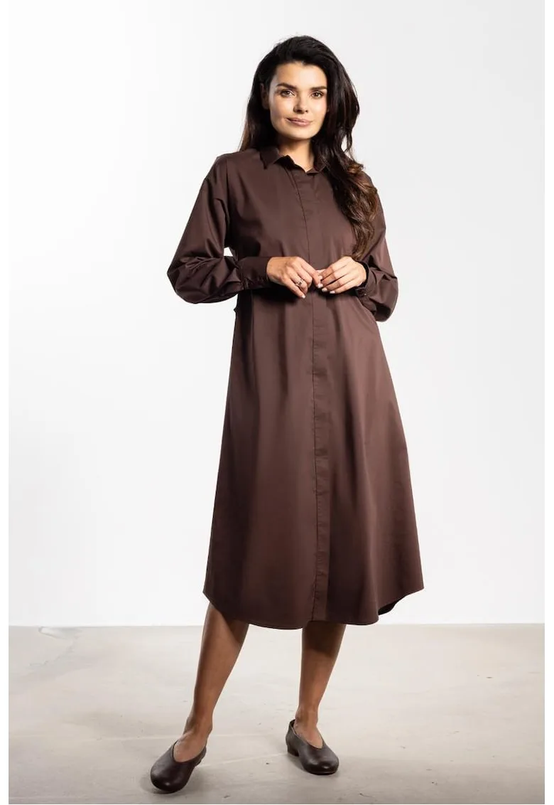 Rochie midi tip camasa cu curea si maneci lungi
