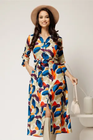 Rochie midi tip camasa cu imprimeuri portocalii si curea in talie