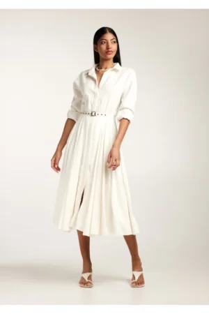 Rochie midi tip camasa cu maneci lungi si curea asortata Vera