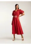 Rochie midi tip camasa cu maneci scurte si curea textila Oman