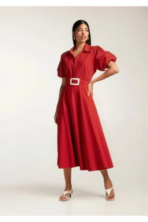 Rochie midi tip camasa cu maneci scurte si curea textila Oman