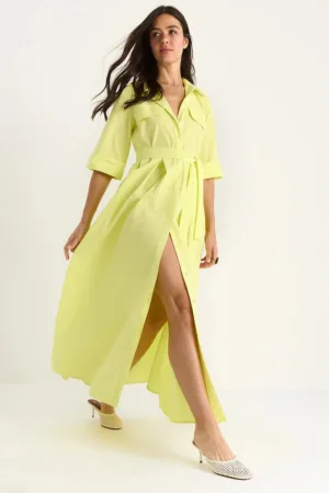 Rochie midi -  tip camasa - inchidere cu nasturi - galben - textil