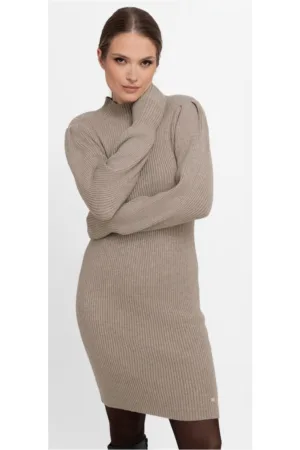 Rochie midi tricotata cu maneci lungi - guler inalt -  G-Nesca - bej