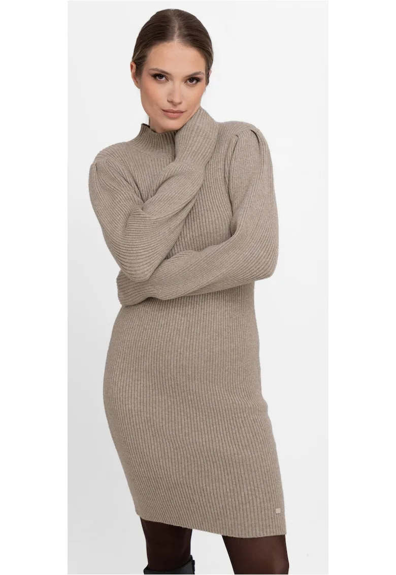 Rochie midi tricotata cu maneci lungi - guler inalt - G-Nesca - bej