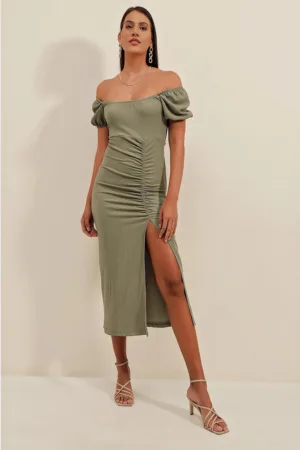 Rochie midi tricotata dama  decolteu patrat - poliester/lycra - Verde Smarald -